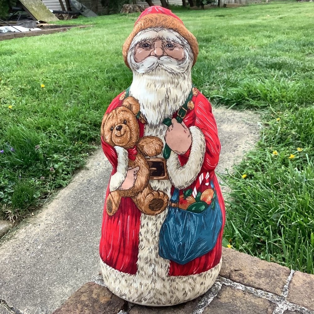 Vintage Christmas Decor Santa Clause Holding A Shitzu Dog Fabric Panel Stuffed